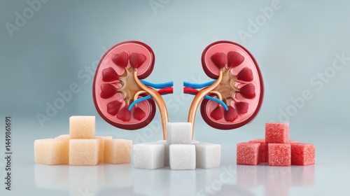 Cause kidney damage. Anatomical kidneys surrounded by sugar cubes illustrating health impacts.