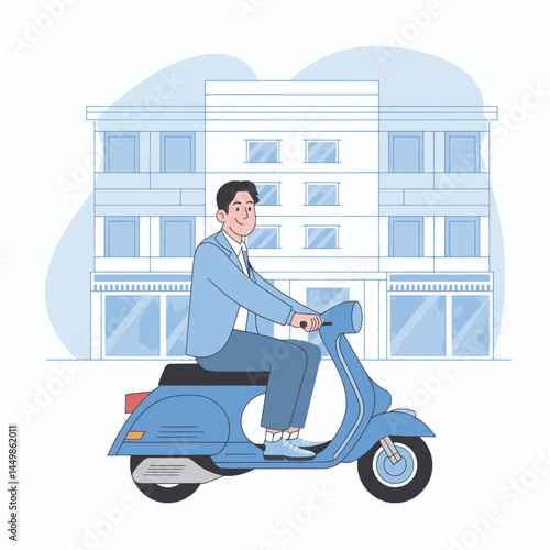 Businessman going to work by scooter motorcycle illustration on city background