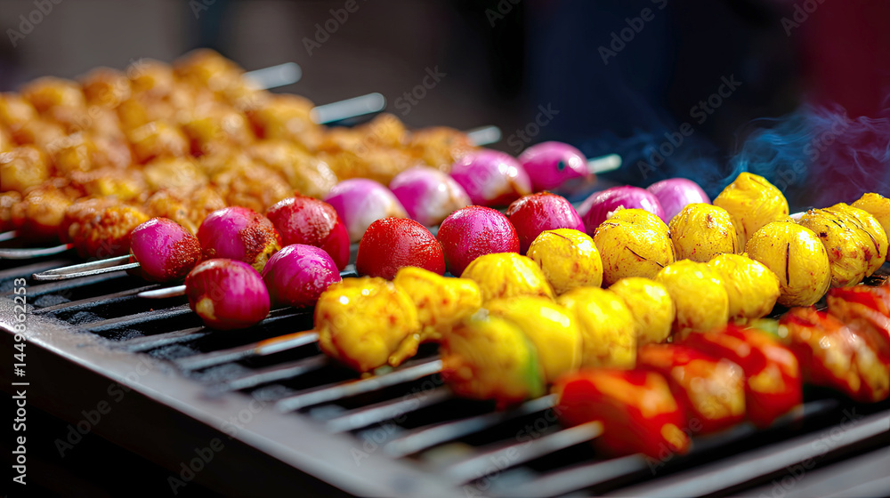 Smoke billowing from skewers loaded with juicy meat and vibrant vegetables grilling on a barbecue, creating an enticing scene of delicious street food perfect for summer gatherings Smoke billowing from skewers loaded with juicy meat and vibrant vegetables grilling on a barbecue, creating an enticing scene of delicious street food perfect for summer gatherings