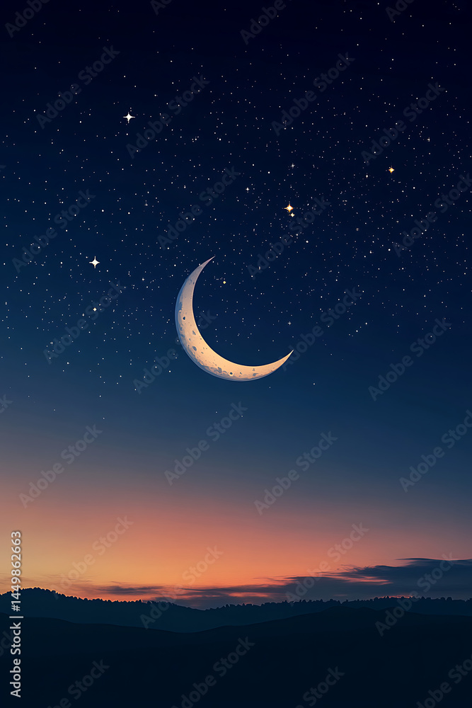Serene night sky with crescent moon and stars over tranquil landscape at dusk Serene night sky with crescent moon and stars over tranquil landscape at dusk