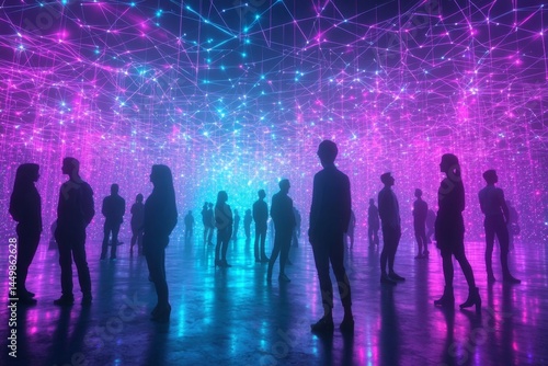 Silhouettes of individuals illuminated by a dazzling array of lights. 