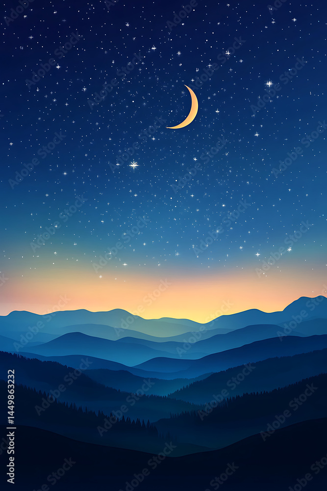 Serene night landscape with crescent moon and starry sky over rolling mountains at dusk Serene night landscape with crescent moon and starry sky over rolling mountains at dusk