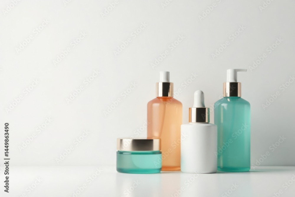 Set of skincare bottles on pristine white backdrop, clean, products Set of skincare bottles on pristine white backdrop, clean, products