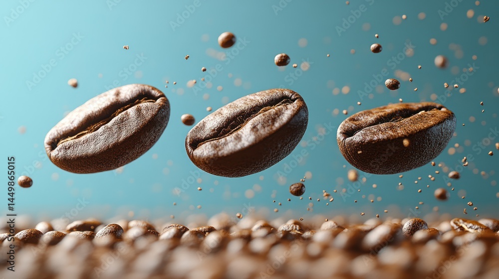 Three coffee beans levitate above a pile of beans on a blue background. Three coffee beans levitate above a pile of beans on a blue background.