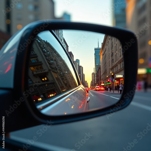 View from rear view mirror. View from rear view mirror of car on city street in golden hour with traffic lights in reflection.