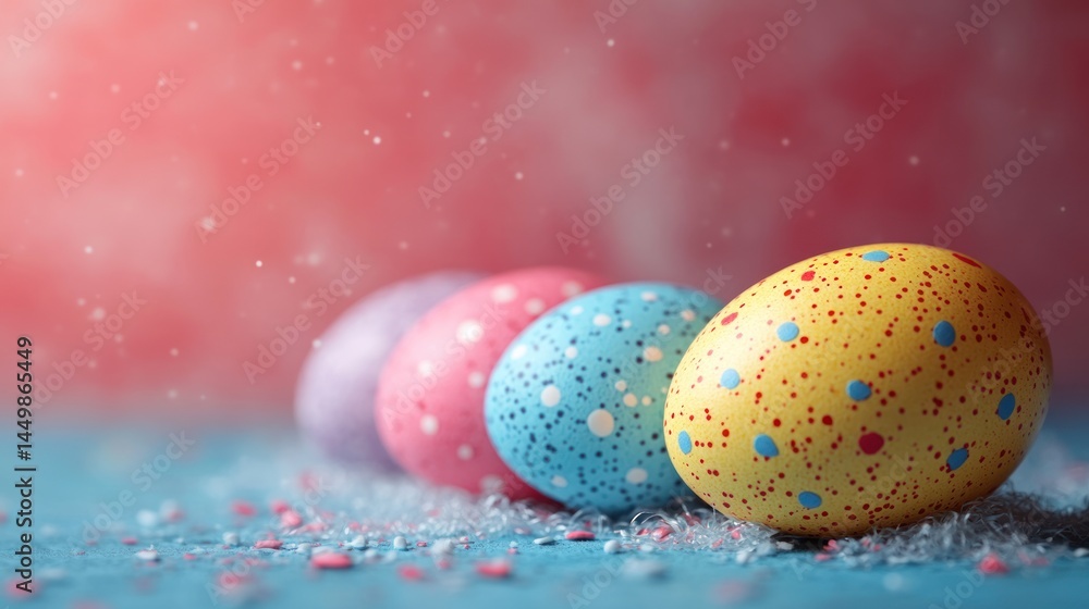 Colorful easter eggs in a row on a blue surface against a pink background. Colorful easter eggs in a row on a blue surface against a pink background.
