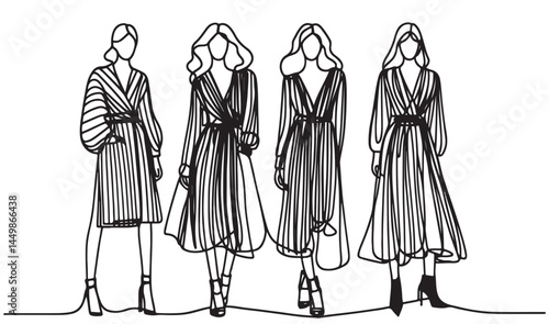 Black line hand drawn ink fashion illustration. Four girls in dress, skirts. Woman silhouette