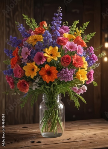 Wallpaper Mural Spring blooms in vibrant bouquet, illuminated by warm lamplight on rustic wood ,  flowers,  floral,  wooden Torontodigital.ca