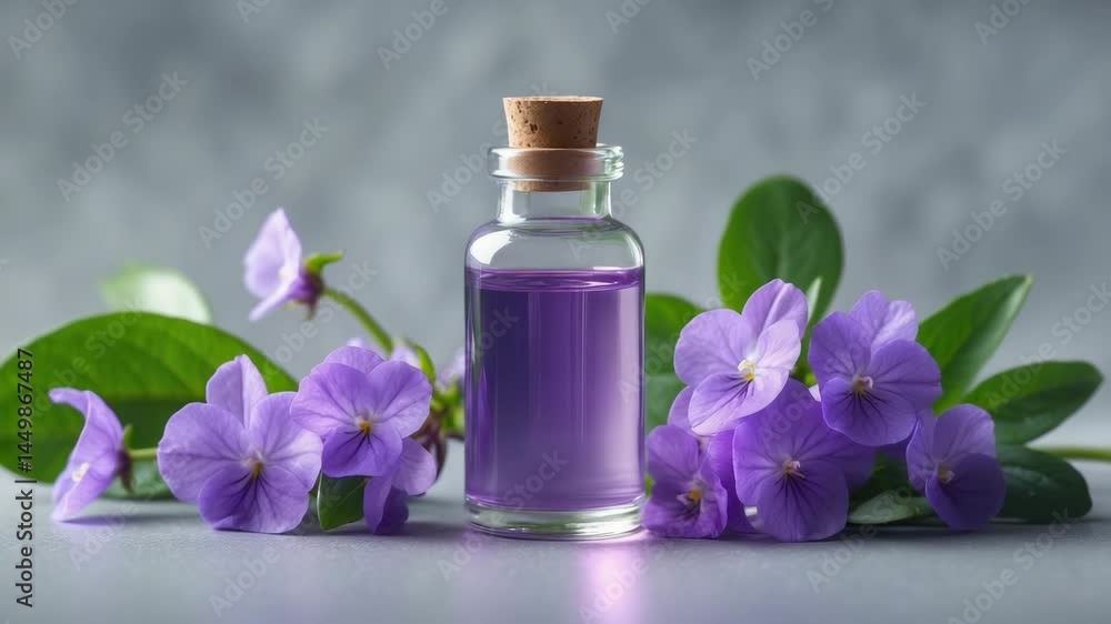 Essential oil in glass container with fresh flowers, beauty treatment, holistic healing Essential oil in glass container with fresh flowers, beauty treatment, holistic healing