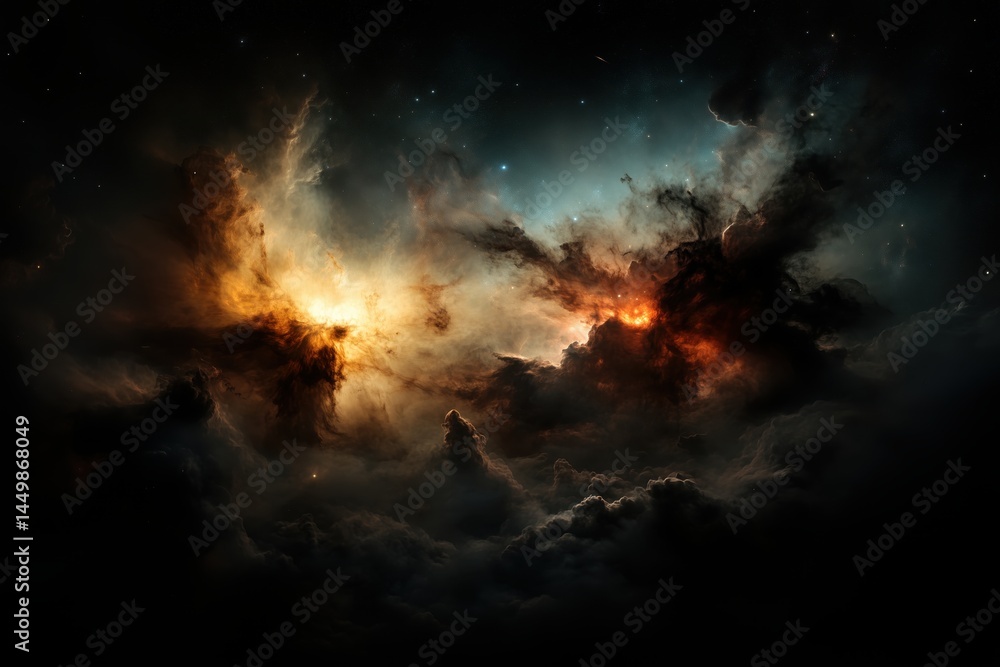 Vivid nebula cloud in outer space with glowing storm and galactic core Vivid nebula cloud in outer space with glowing storm and galactic core