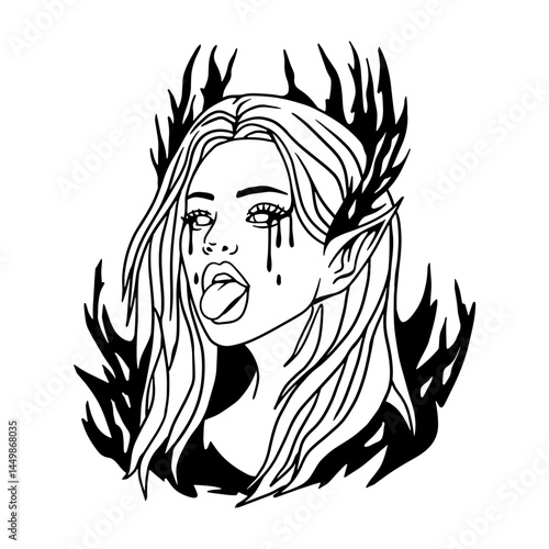 Dark elf girl with flames and dripping eyes, handdrawn vector illustration