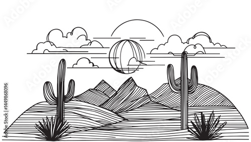 Abstract line sketch landscape with Cactus. Vector Background