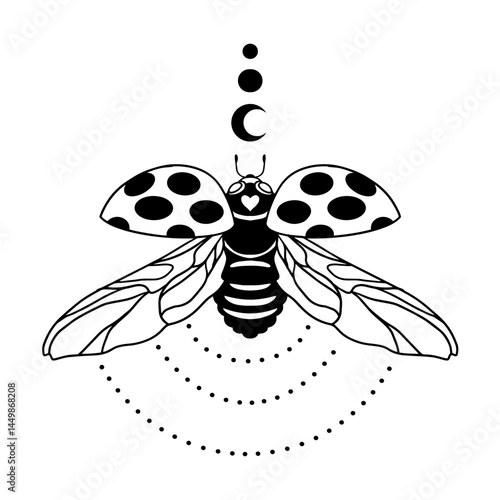 ladybug with moon and heart, handdrawn vector illustration