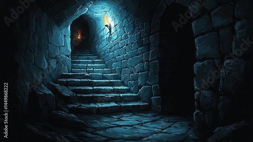 Stone staircase in dark dungeon, lit by wall torches