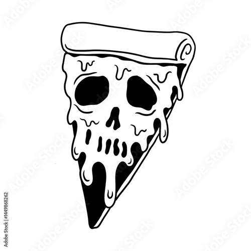 melting skull pizza slice, handdrawn vector illustration