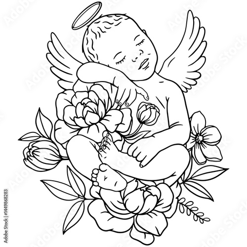 sleeping baby angel with flowers, handdrawn vector illustration