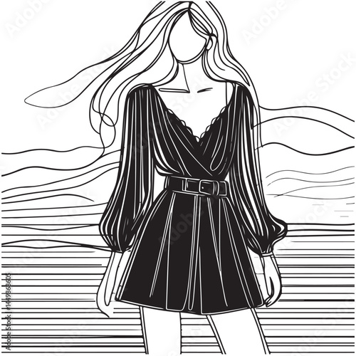 Fashion woman face portrait linear drawing elegant minimalist female model face sketch continuous linear graphic artwork illustration