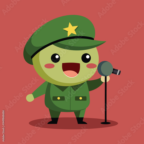 Meet our adorable army soldier, passionately singing into a microphone in this lively cartoon illustration! This playful design combines military attire with the joy of music, perfect for entertainmen