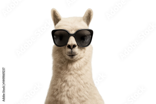 Cool llama wearing black sunglasses with confident expression isolated on transparency background, showing stylish and playful animal character