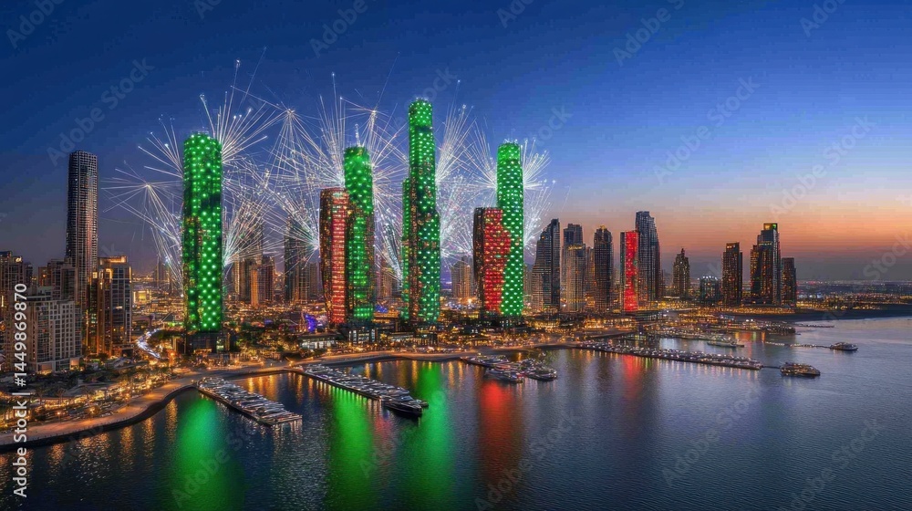 Obraz premium High-rise structures illuminated with festive colors during a nighttime celebration.