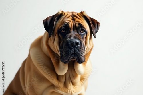 Imposing mastiff, watchful gaze, pure white backdrop, dog photography, mastiff