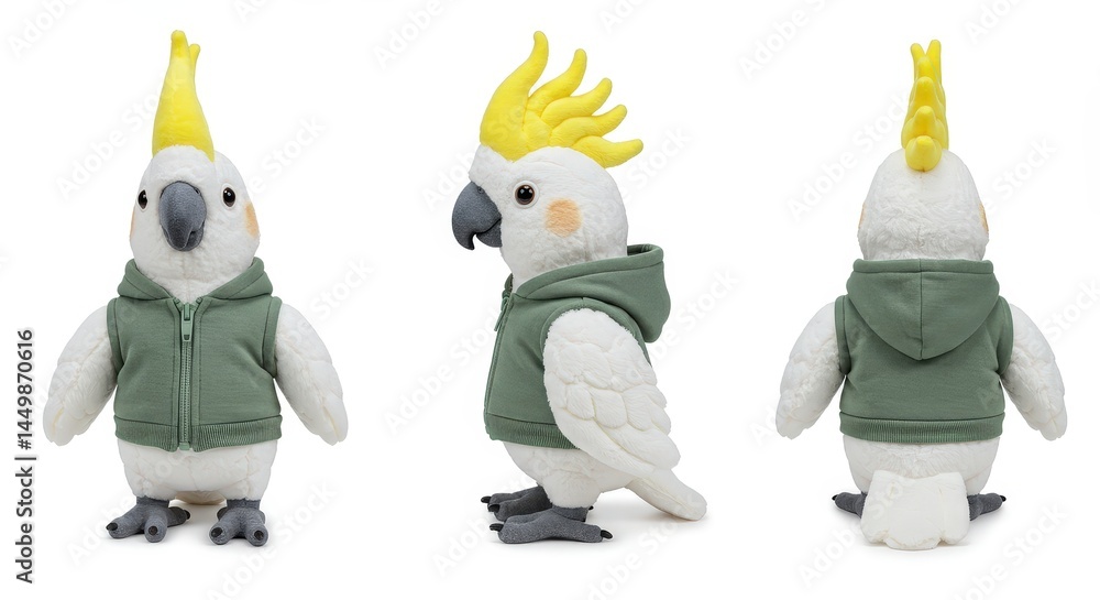 Fototapeta premium Plush sulphur crested cockatoo wearing a green hoodie with a cheerful expression