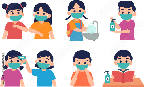Children's Safety Precautions Elbow Bump Handwashing Sanitizing and Mask Wearing Illustrations