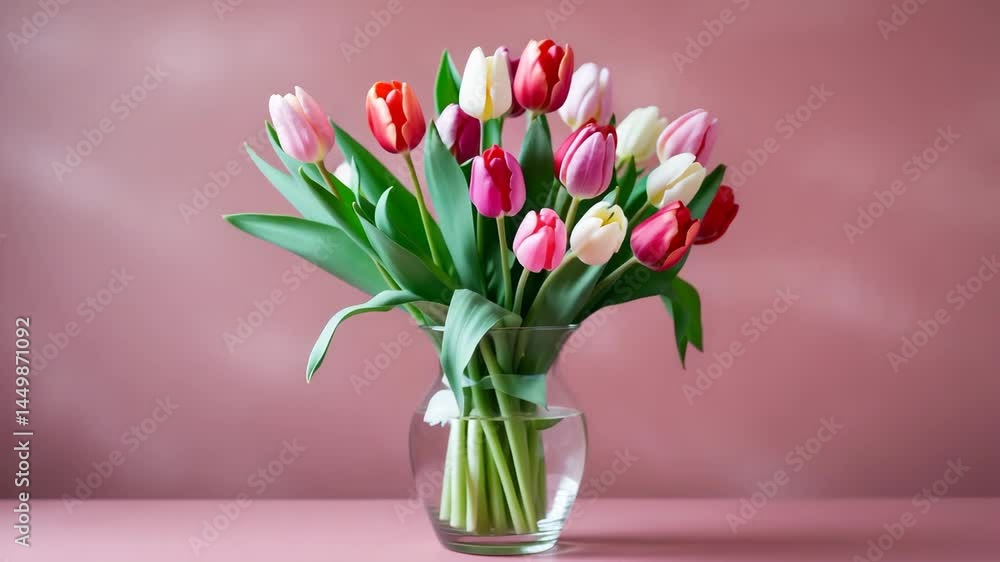 Glass vase filled with tulips on a colorful background. Glass vase filled with tulips on a colorful background.
