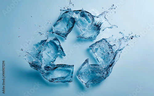 Recycle symbol made from water against blue background with copy space. Future is green.