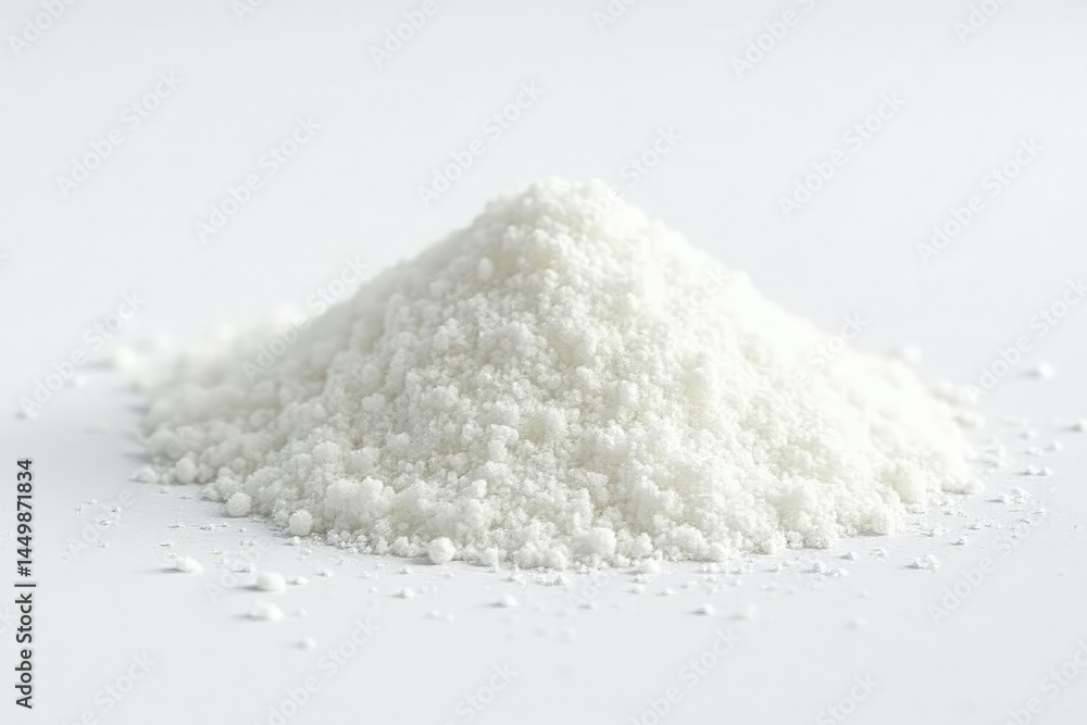 Pile of white granulated sugar on white background, macro, dessert, kitchen Pile of white granulated sugar on white background, macro, dessert, kitchen