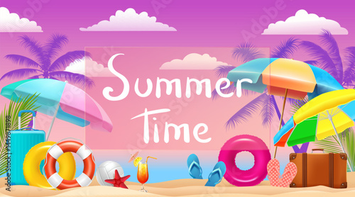 Summer time, beach vacation, horizontal banner or vacation theme background with summer accessories.