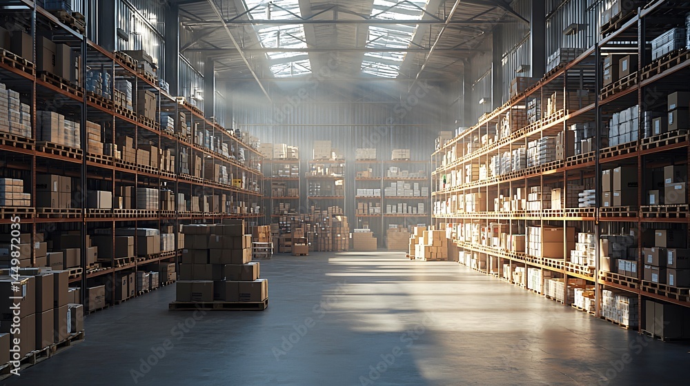 High-resolution image of a spacious logistics warehouse interior with natural lighting and design High-resolution image of a spacious logistics warehouse interior with natural lighting and design