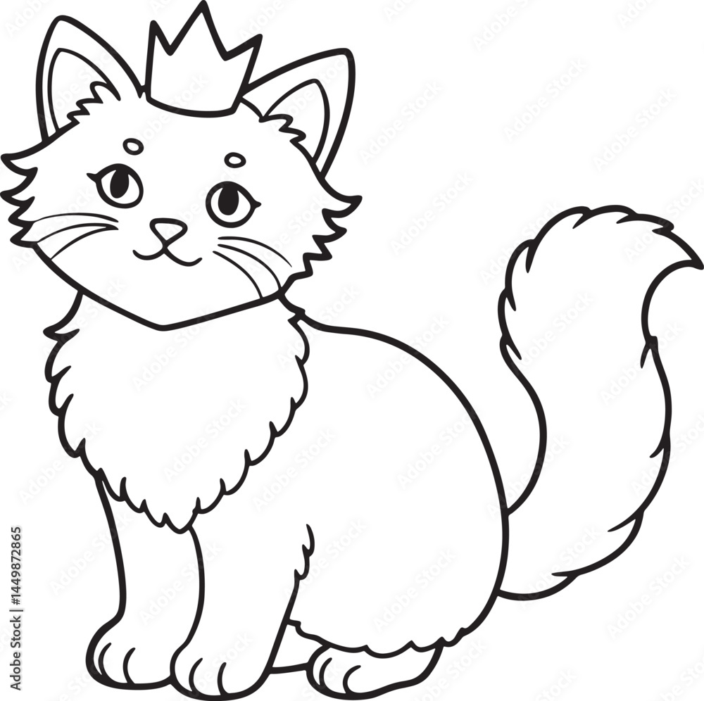 A fluffy kitten wearing a tiny crown coloring page, Bold and easy, the background is white A fluffy kitten wearing a tiny crown coloring page, Bold and easy, the background is white
