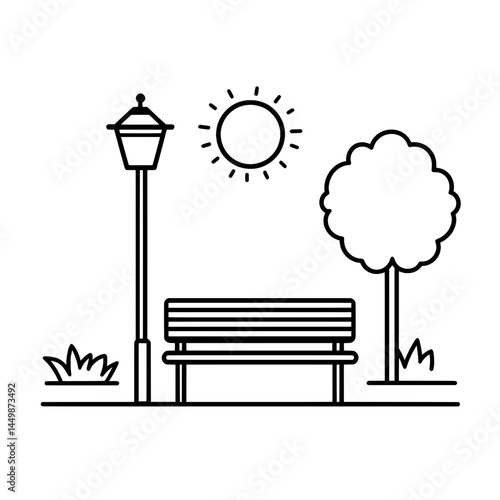 Outlined park bench scene with sun, lamp post, and trees representing outdoor public space and peaceful relaxation