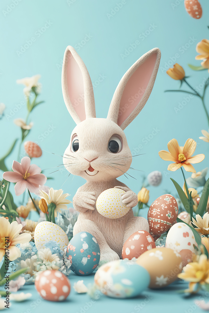Obraz premium Cute bunny holding a decorated egg surrounded by colorful eggs and flowers in a spring setting