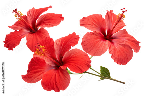 set of tropical red hibiscus flowers isolated on white background PNG