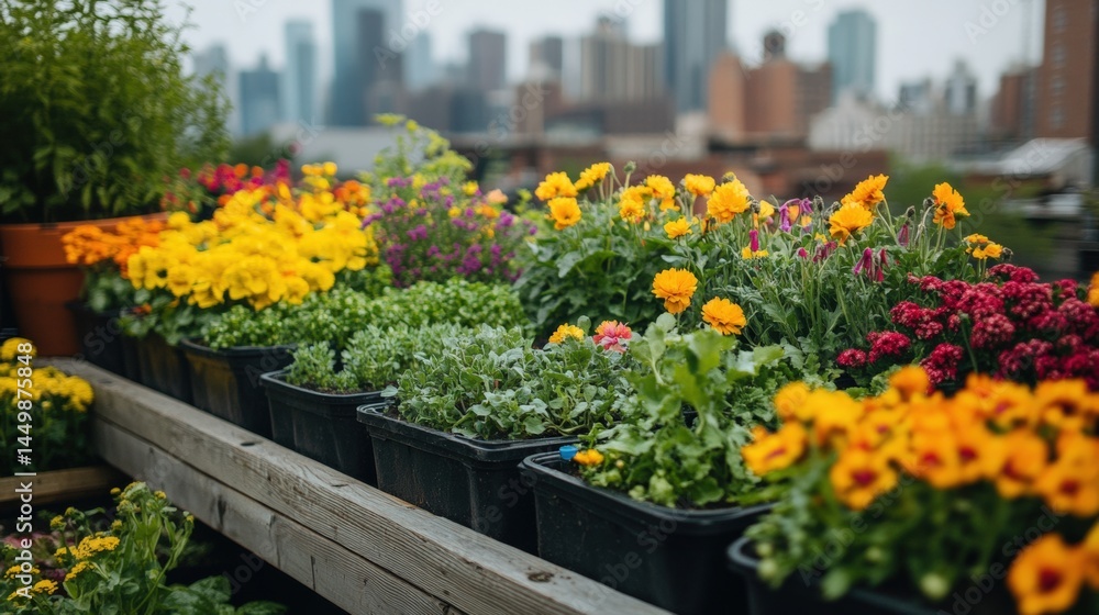 Fototapeta premium Vibrant flower display in urban rooftop garden nature cityscape view