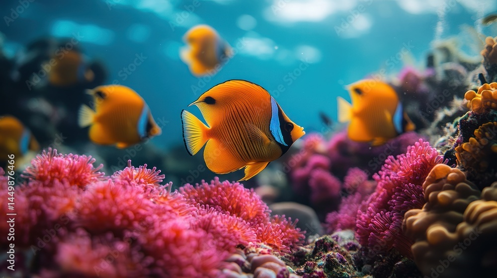 Naklejka premium Orange fish swim near pink coral in a blue underwater environment.