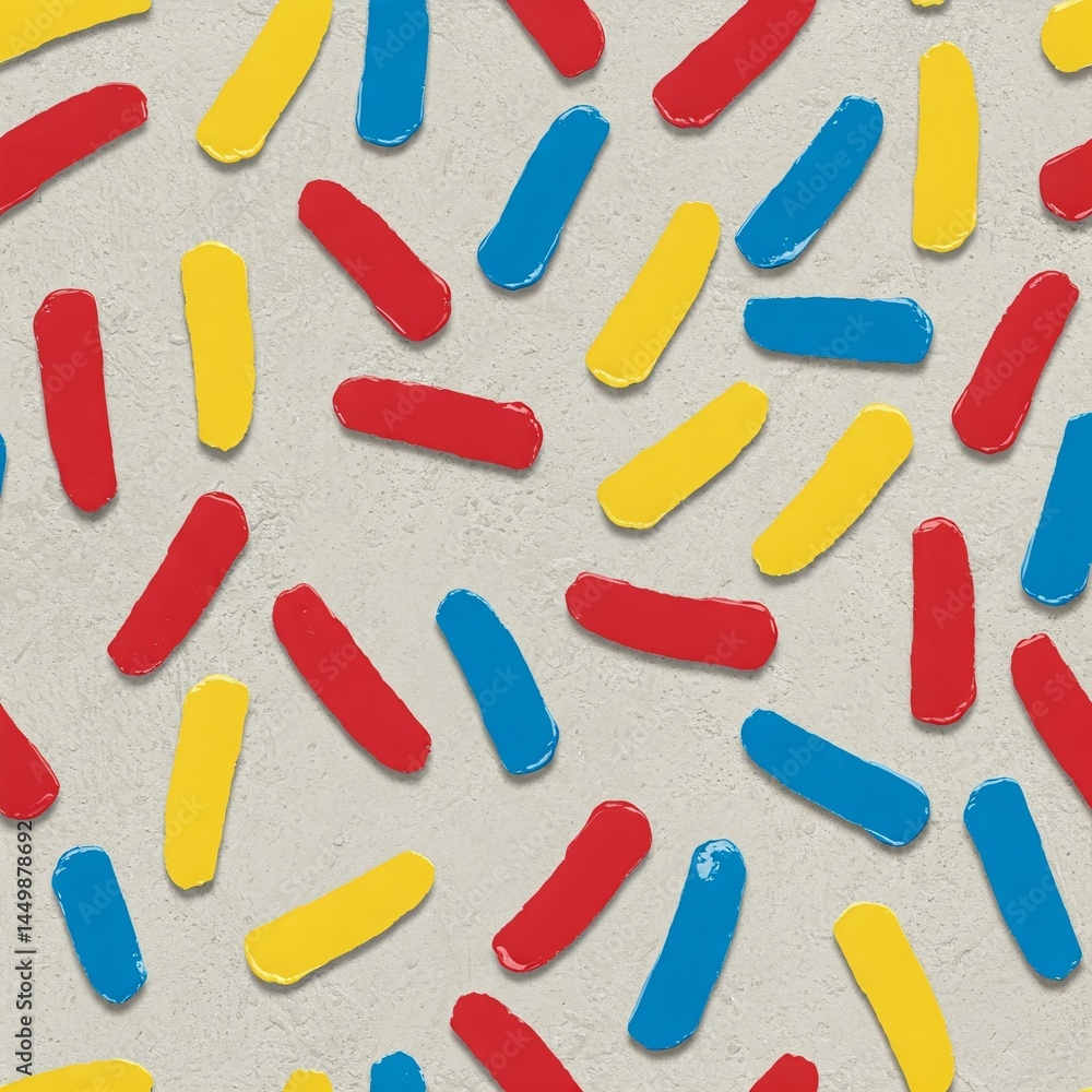 Vibrant Primary Color Paint Strokes Seamless Pattern. Glossy Red, Yellow, Blue Abstract Swipes on Textured Plaster Background. Vibrant Primary Color Paint Strokes Seamless Pattern. Glossy Red, Yellow, Blue Abstract Swipes on Textured Plaster Background.
