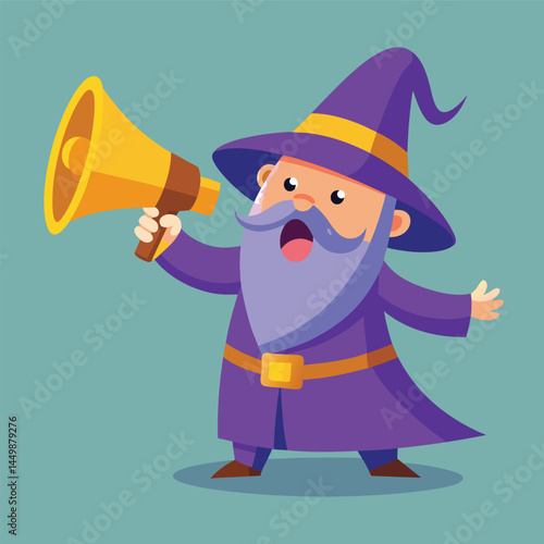 Meet our charming wizard avatar, depicted energetically speaking through a megaphone in this delightful cartoon illustration! This whimsical character blends the enchantment of wizardry with the moder