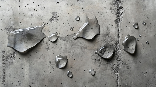 Drops of water forming small puddles on a cement surface, emphasizing waterproof concrete texture