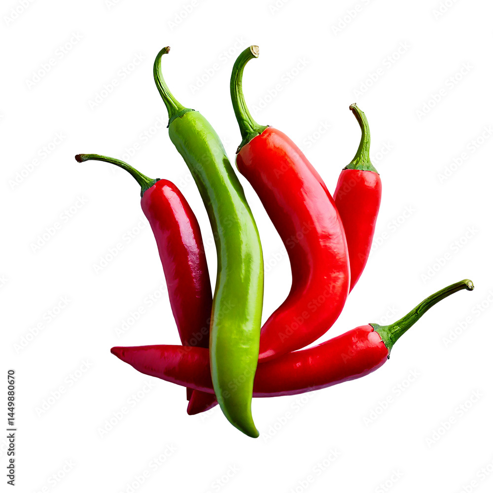 A dynamic photo showing a mix of green and red chili peppers, with a strong visual contrast and natural lighting that emphasizes their fiery character and freshness.