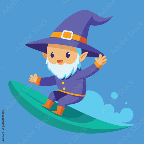 Dive into enchantment with our adorable wizard, skillfully depicted surfing in this whimsical cartoon illustration! This playful character design merges the magic of wizardry with the thrill of surfin