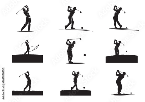 A Man golfer player Silhouette Vector Set