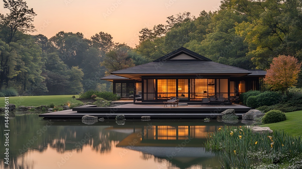 Obraz premium Japanese-inspired zen home, with floating deck and rural surroundings, bird-eye perspective of property, peaceful countryside field