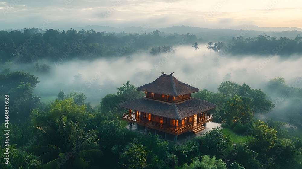 Obraz premium open-air tropical pavilion, with thatched roof and wide open space, aerial view from above, foggy morning in rural area