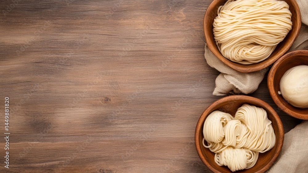 Fresh Noodles in Wooden Bowls on Rustic Table, Pasta , Cuisine Fresh Noodles in Wooden Bowls on Rustic Table, Pasta , Cuisine
