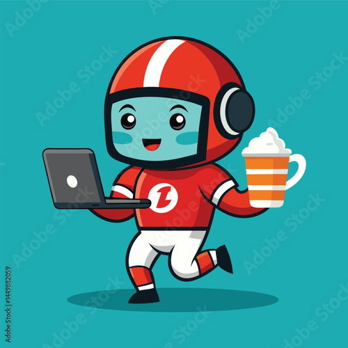 Meet our adorable American football player mascot, depicted working on a laptop with a cup of coffee in hand! This charming and playful illustration combines the intensity of football with a relaxed, 