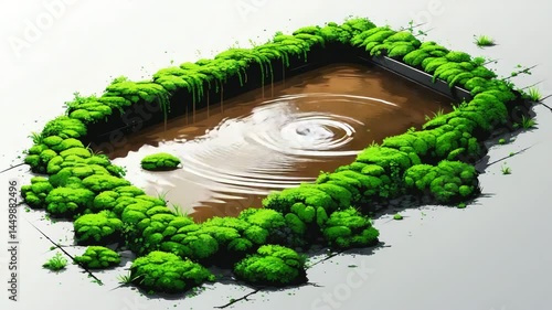 A pool filled with water and moss on the ground.
