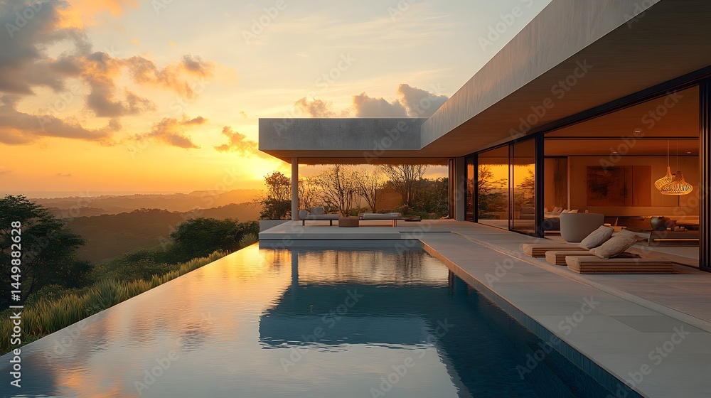 Fototapeta premium modern minimalist house, with woven rattan textures and hanging lamps, landscape view with horizon, soft golden hour light